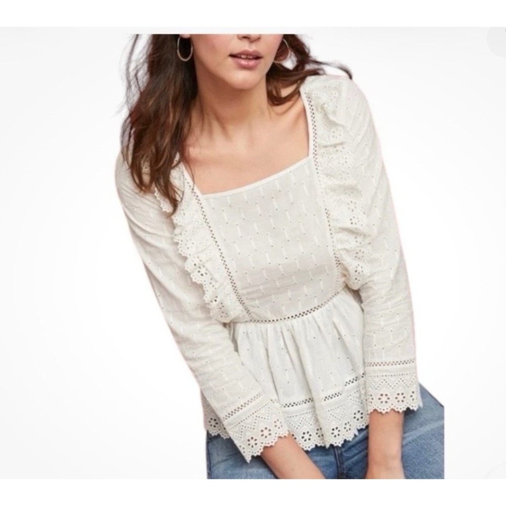 Anthropologie Meadow Rue Off White Eyelet Ruffle Peplum Blouse Square Neck Top 8